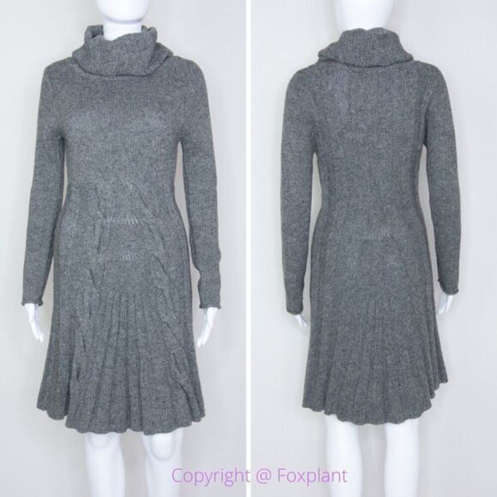 Max Studio wool blend cowl‎ neck cable knit grey pleated sweater dress, size S